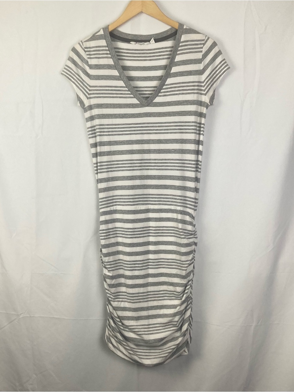 Athleta Gray & White Striped V-Neck Midi Dress